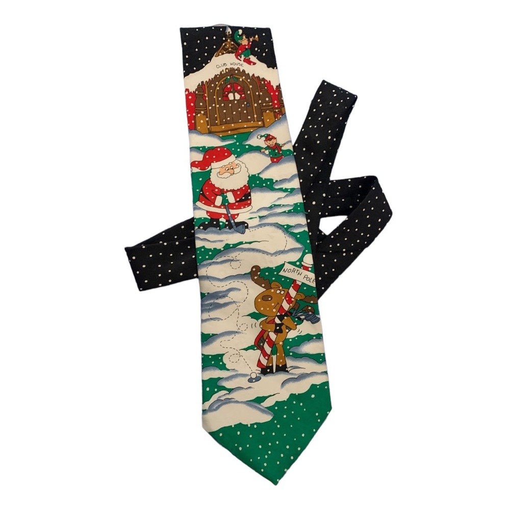 Hallmark Santa Clause Golfing Christmas Holiday Mens Tie Rudolph Blue Green